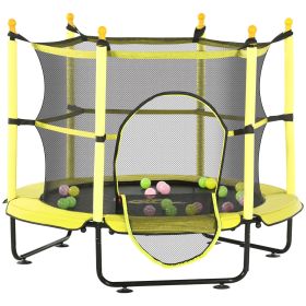 Qaba Kids 4.6 Ft Trampoline with Safety Enclosure & Ball Pit, Yellow, Indoor Play Equipment