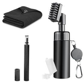 1Pc 3 In 1 Golf Club Cleaning Kit Golf Club Cleaner Brush With 5Oz Water Bottle Retractable Clip Groove Sharpener Golf Towel Gift For Golfers (Color: Black)